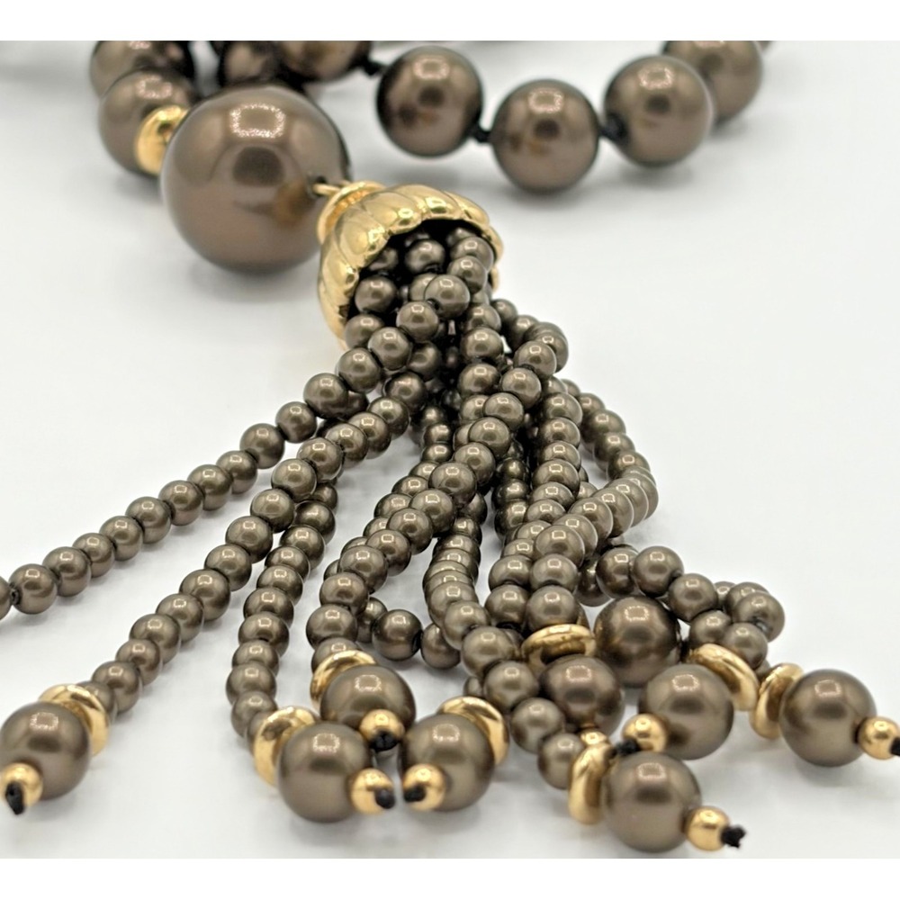 Vintage Carolee Brown Tassel Faux Pearl Beaded Necklace Gold Tone